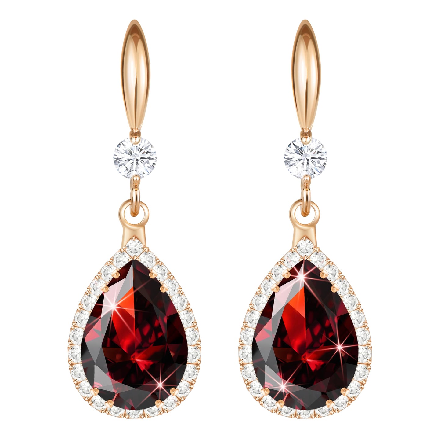 Linawe Rose Gold Red Imitation Diamond Dangle Earrings for Women, Ruby Rhinestone Cubic Zirconia Crystal Teardrop Earrings, Wedding Bride Bridesmaids Earrings, Birthstone Jewelry
