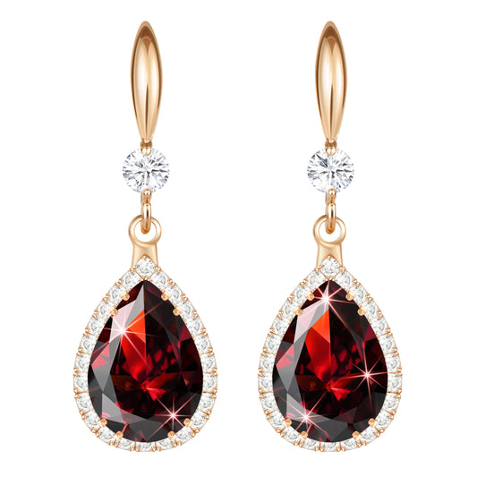 Linawe Rose Gold Red Imitation Diamond Dangle Earrings for Women, Ruby Rhinestone Cubic Zirconia Crystal Teardrop Earrings, Wedding Bride Bridesmaids Earrings, Birthstone Jewelry