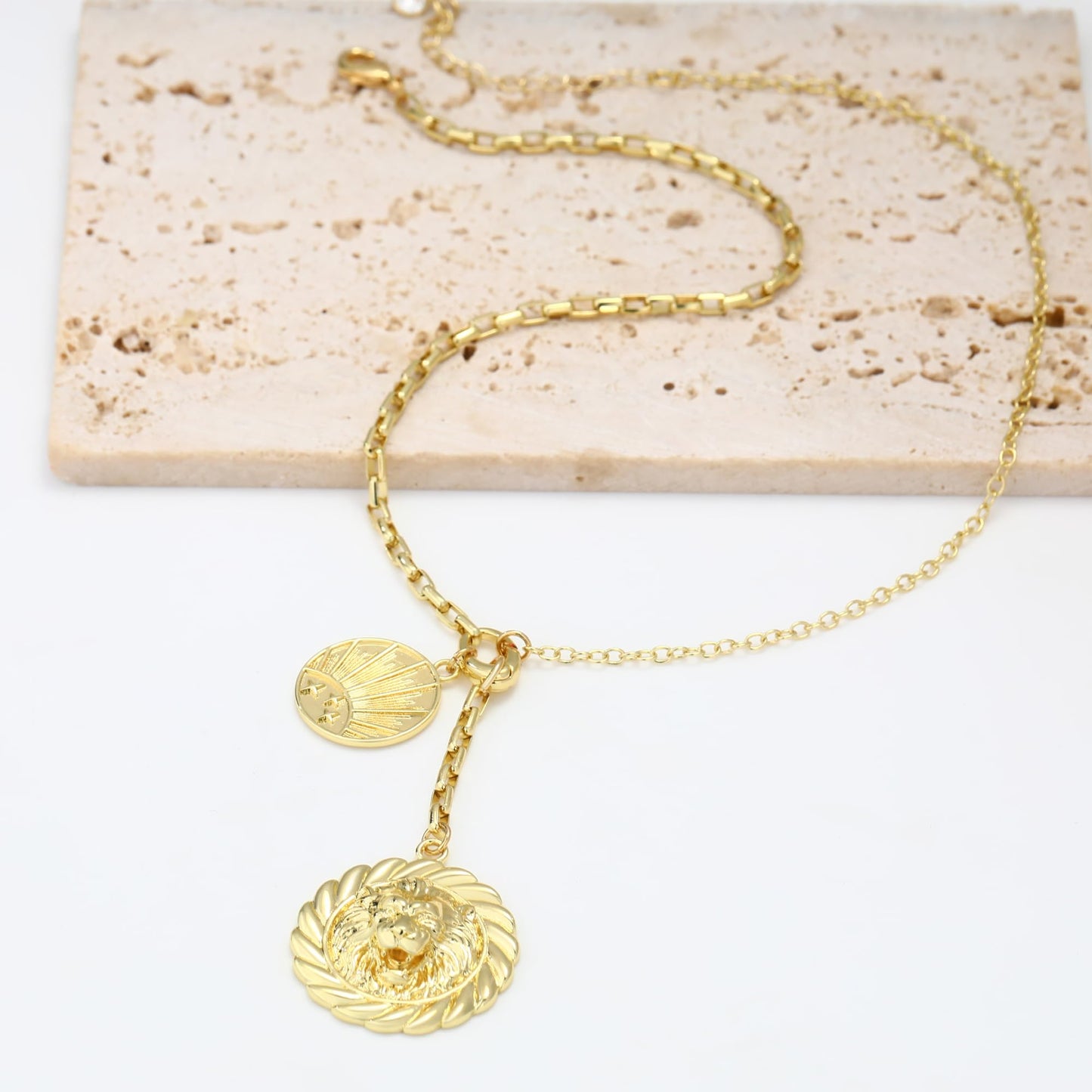 BONJOULRY Chunky Gold Lion Medallion Charm Sun Coin Pendant Necklace for Women 18K Gold Plated Dainty Paperclip Link Chain Choker Necklaces Trendy Celestial Jewelry Holiday Gift