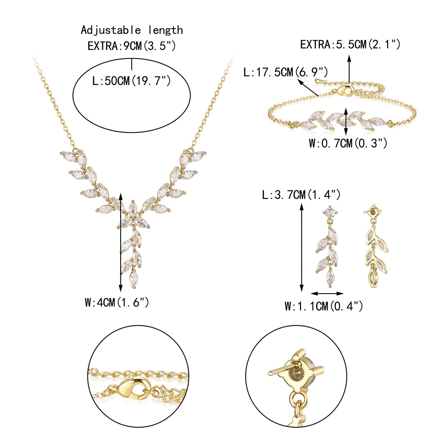 EVER FAITH Wedding Cubic Zirconia Jewelry Sets for Bride Bridesmaid, Sparkly Marquise Leaf Necklace Dangle Earrings Bracelet Set for Woman Clear Gold-Plated-Brass