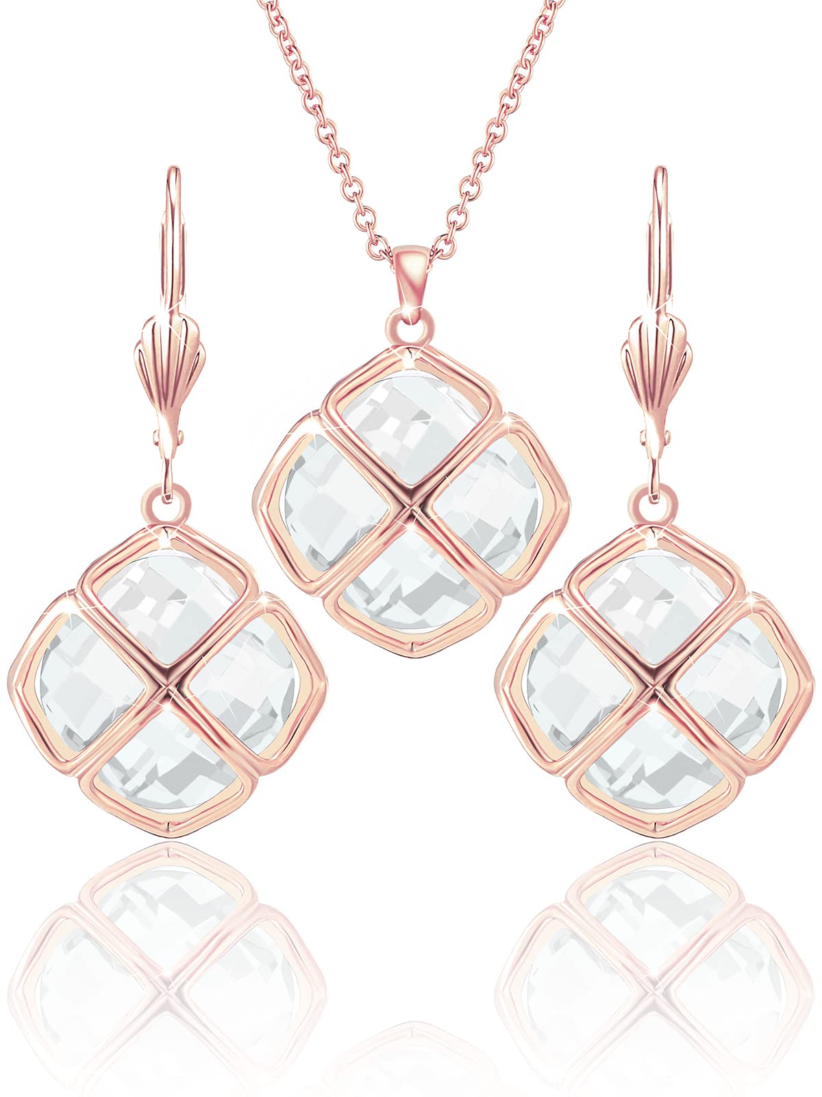 Qinpan 14MM Crystal Pendant Drop Dangle Necklace Earrings Set for Women Glod Plated Costume Jewelry Sets, 38*17.8mm, Rose Gold, Diamond