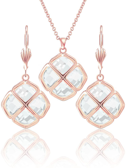 Qinpan 14MM Crystal Pendant Drop Dangle Necklace Earrings Set for Women Glod Plated Costume Jewelry Sets, 38*17.8mm, Rose Gold, Diamond