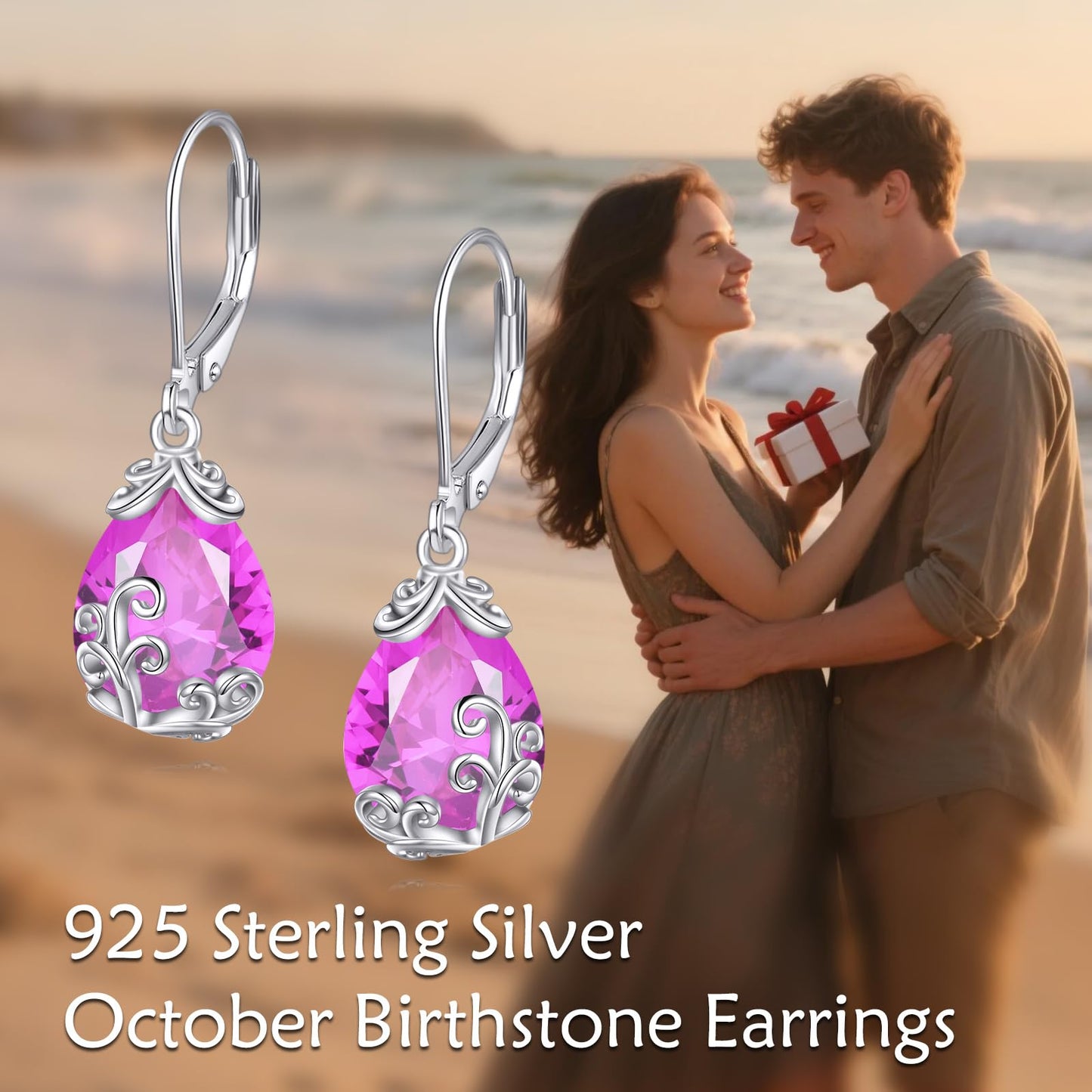 POPLYKE BirthStone Filigree Dangle Earrings Sterling Silver Pink Tourmaline Leverback Earrings October Birthstone Jewelry Gifts for Women