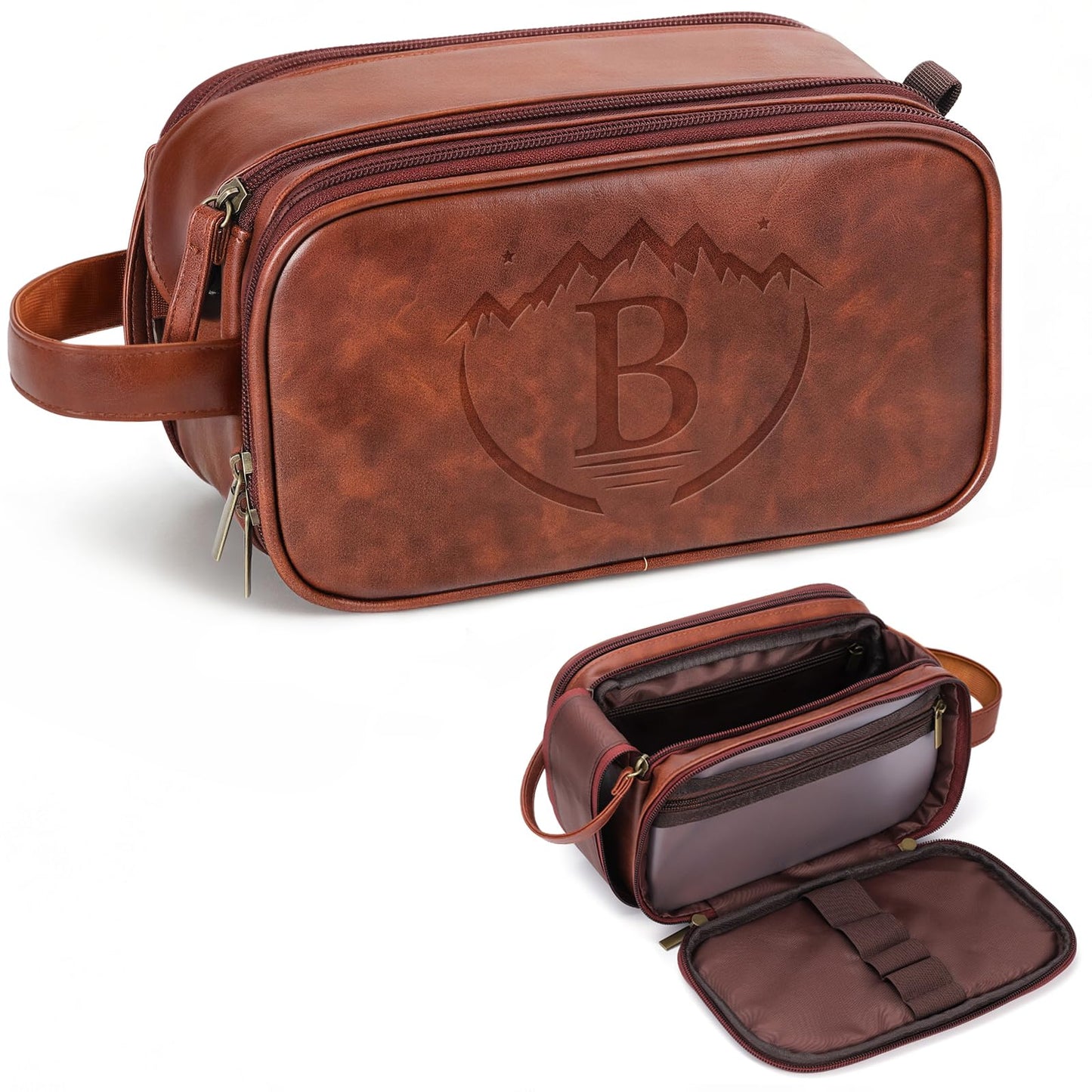 Personalized PU Leather Toiletry Bag for Men, Engraved Initials Waterproof Toiletry Travel Bag, Large Capacity Portable Shaving Bag Travel Essential, Unique Birthday Gift for Men Dad Husband Him,B