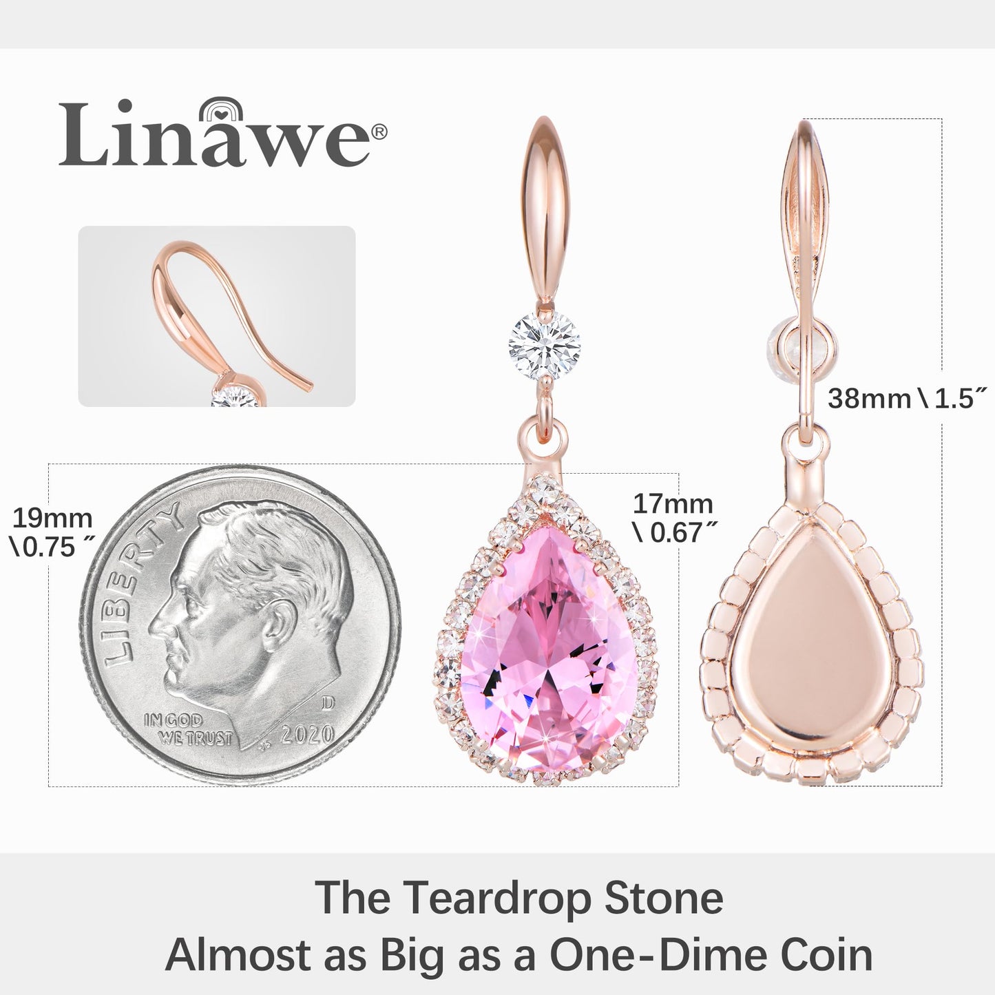 Linawe Rose Gold Pink Imitation Diamond Dangle Earrings for Women Mom, Rhinestone Cubic Zirconia Crystal Birthstone Chandelier Earrings, Wedding Drop Earrings Bride Bridesmaids