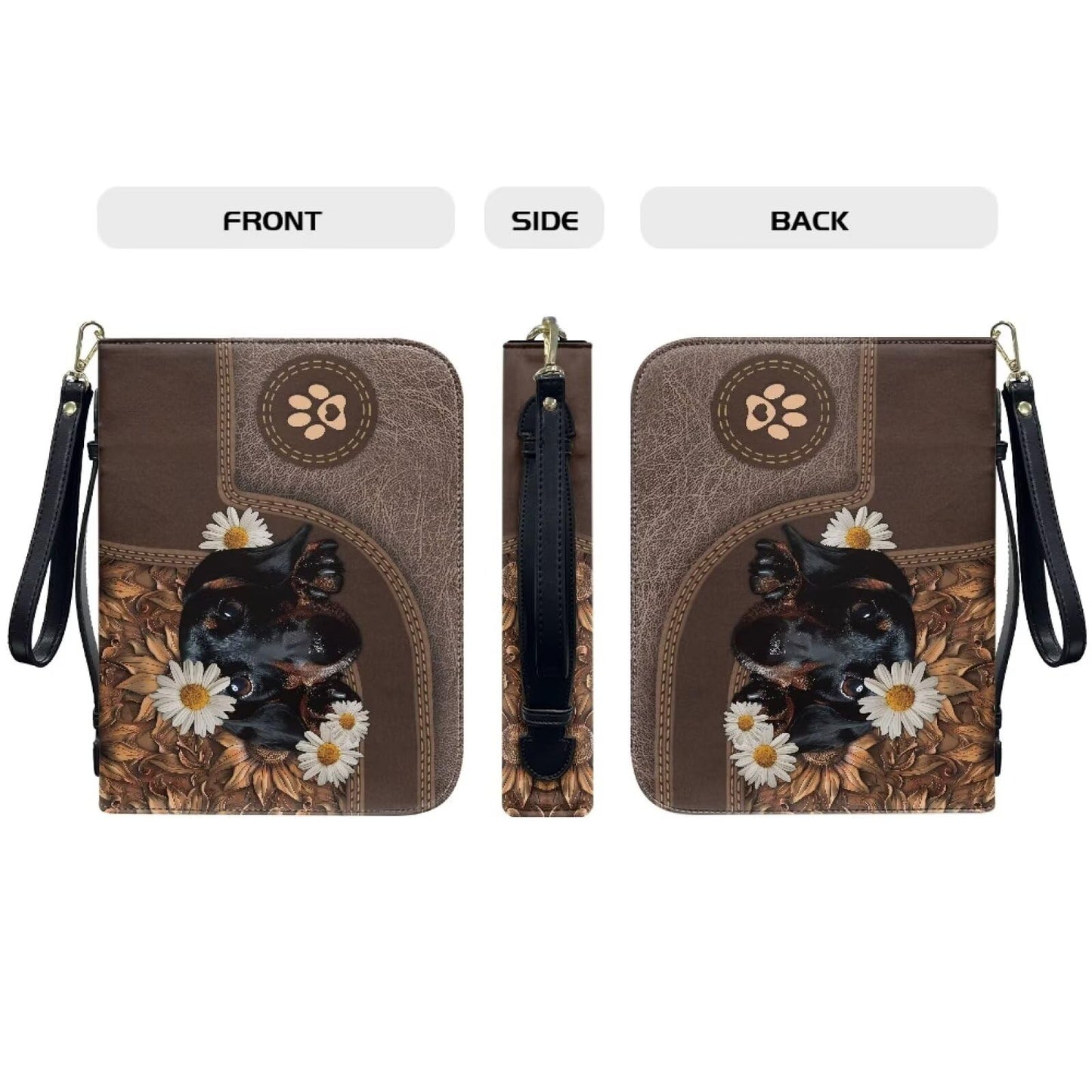 Lotusorchid Cute Dachshund Print Bible Book Cover Daisy Sunflower Print Bible Covers for Women, Study Bible Book Cover Portable Bible Case for Men, Leather Bible Protective Case for Christian Gift