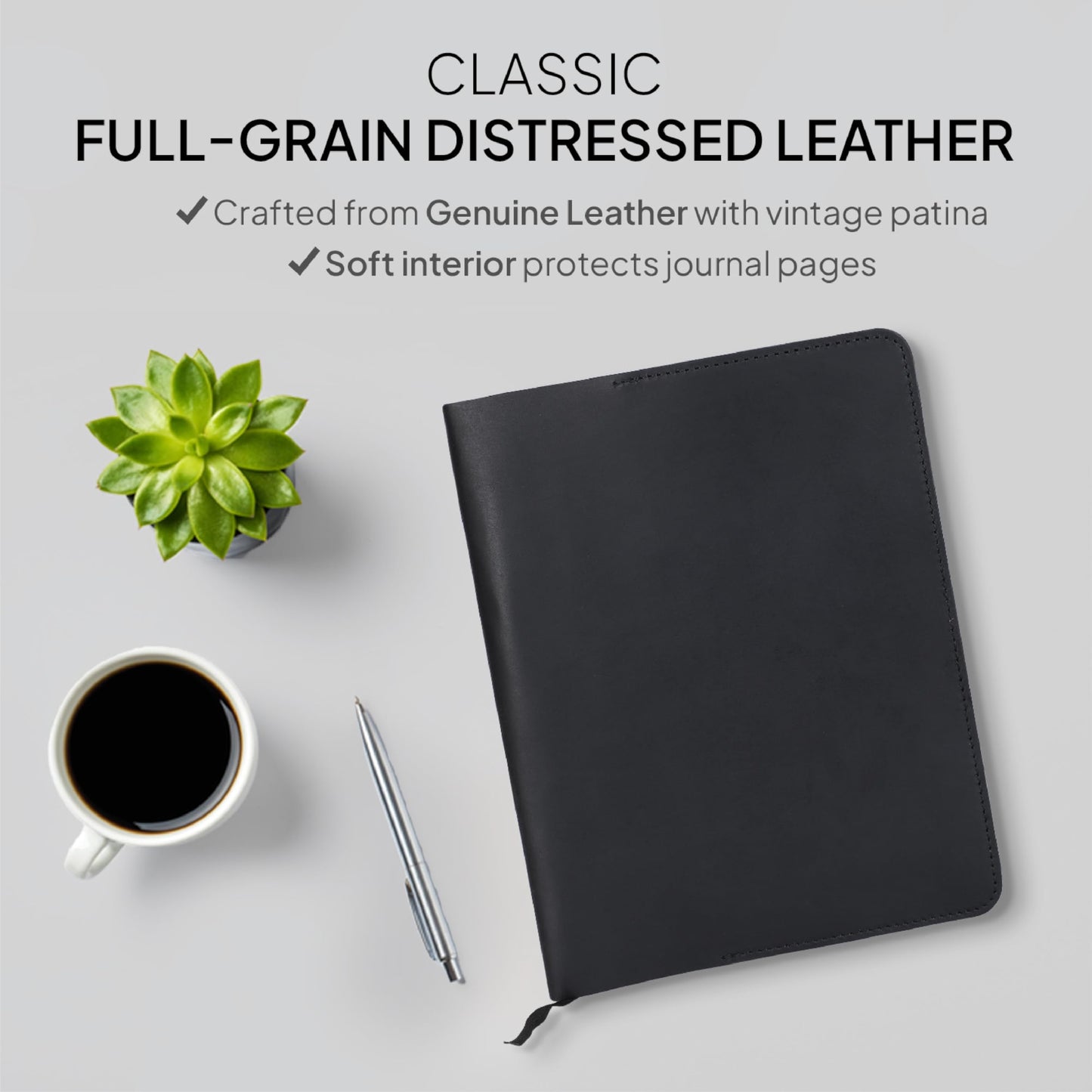 TheAntiq XL Leather Journal Cover 7.5 x 9.5 Inch – Refillable Genuine Leather Cover for Composition Notebook, Planner & Diary – Handmade Protective Travel Writing Case, Black