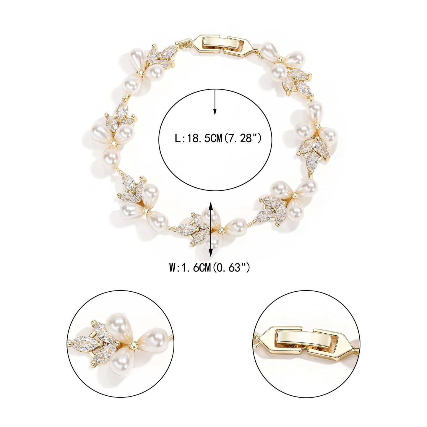 EVER FAITH Wedding Jewelry for Bride Marquise Cubic Zirconia Cream Faux Pearl Floral Leaf Bridal Prom Tennis Bracelet for Women Clear Gold-Plated-Brass