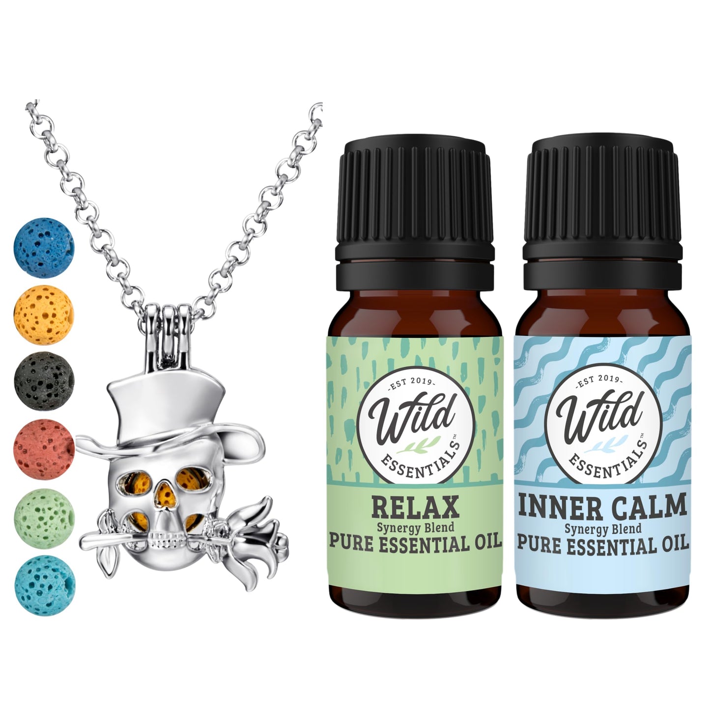 Wild Essentials Top-hat Skull Essential Oil Diffuser Necklace Gift Set with Inner Calm & Relax Oils – Nickel Free Alloy Pendant with 6 Lava Stones – USA Made Oils & Perfume Necklace – Family Company