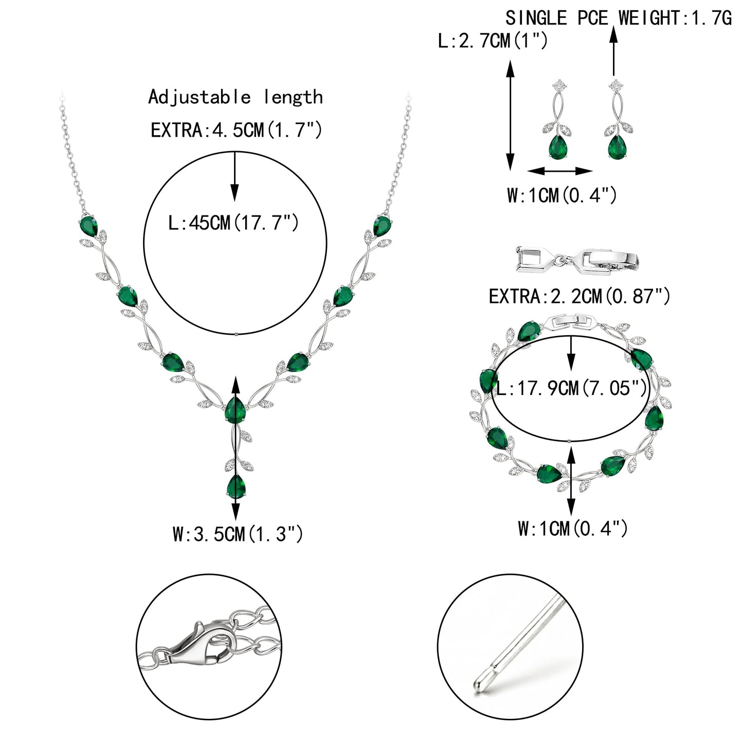 EVER FAITH Wedding Party Jewelry Set for Women, Green Teardrop Cubic Zirconia Leaf Vine Costume Prom Necklace Dangle Earrings Bracelet Sets for Women