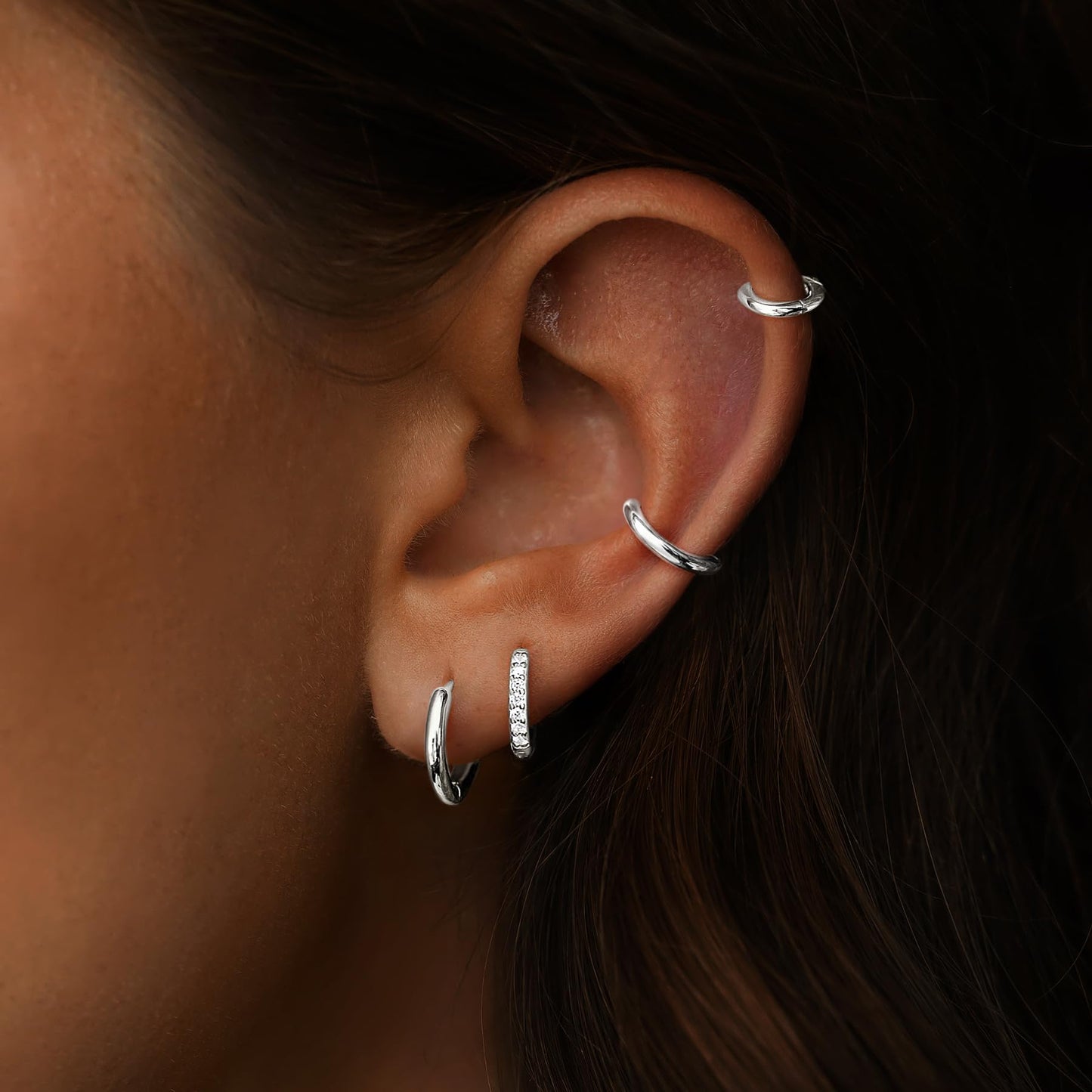 Silver Small Hoop Earrings for Women Stacks Silver Huggie Hoop Earrings Set for Multiple Piercing Lightweight Mini Cute Cartilage Rook Conch Daith Double Piercing Jewelry Gifts for Women Waterproof Clip On