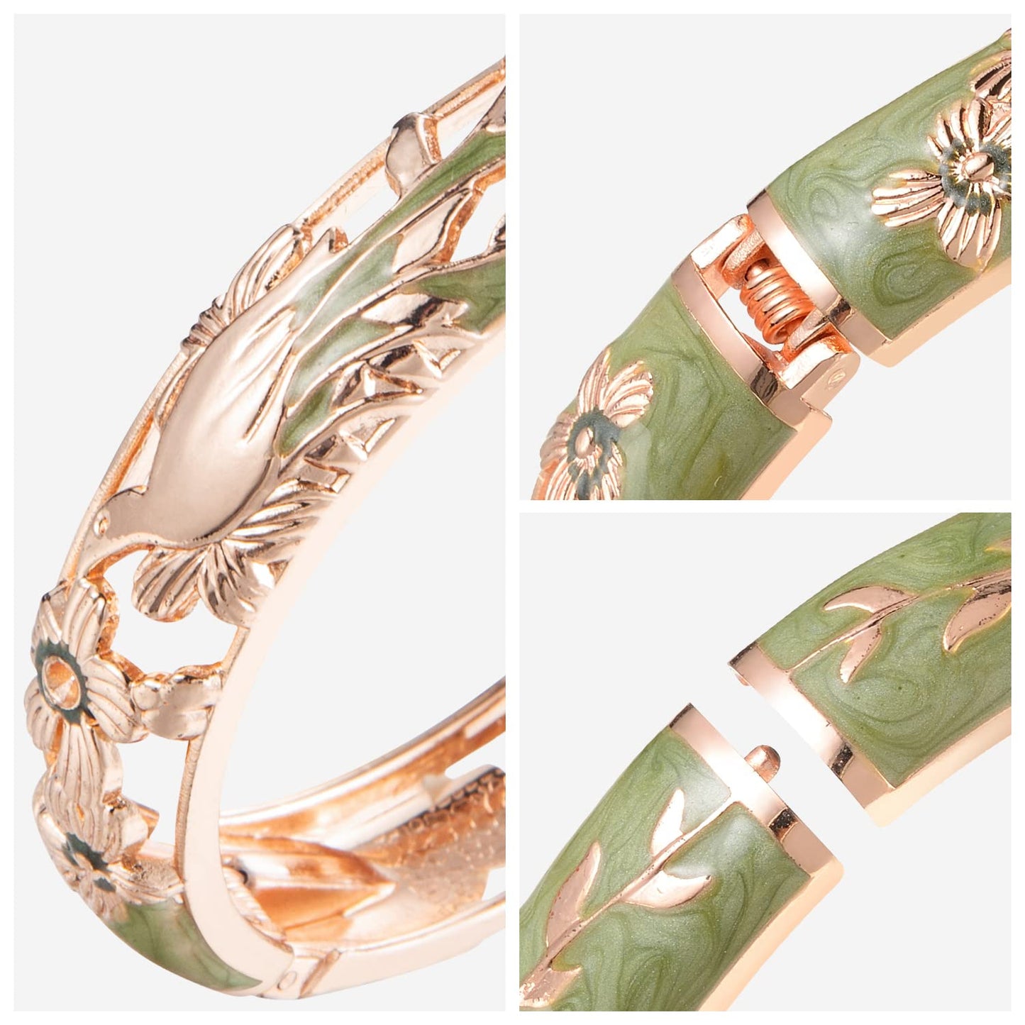 UJOY Colors Handcraft Jewelry Cloisonne Bracelet Enamel Hollowed Filigree Bird Rose Womens Bangles Gifts Box 88A31 Green