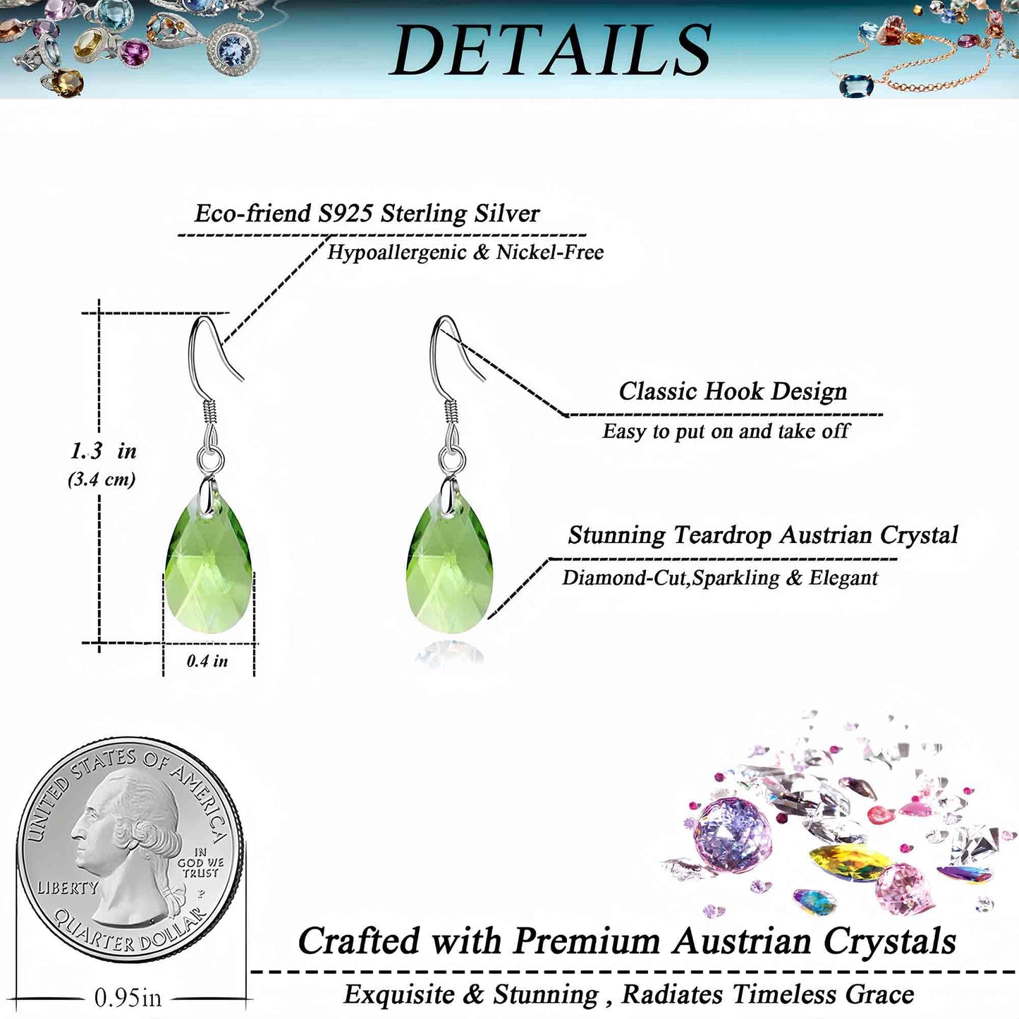 Teardrop Austrian Crystal Drop Dangle Earrings for Women 925 Sterling Silver Hook Hypoallergenic Earring (Green)