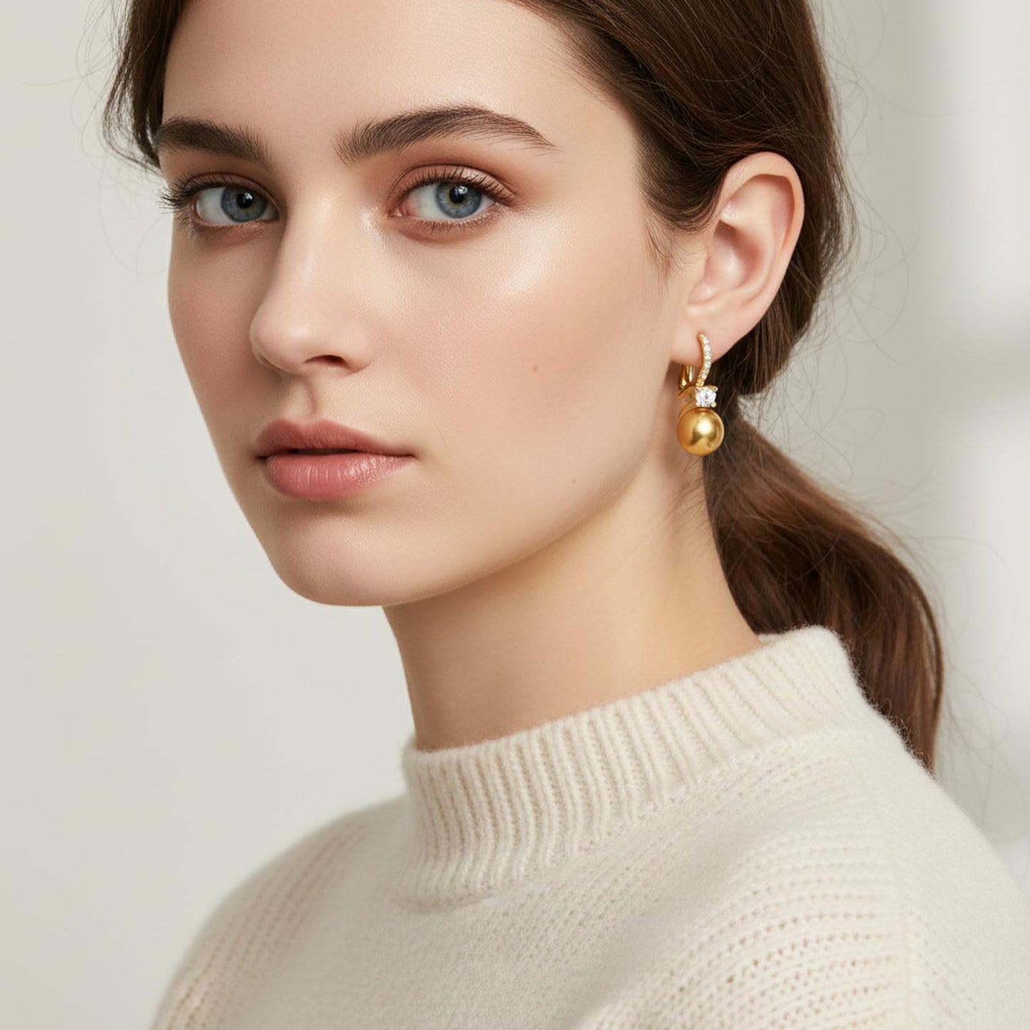 BAMIKI Golden Pearl Drop Dangle Earrings 925 Sterling Silver 14K Gold Plated Cubic Zirconia Leverback Earrings, 8MM Round Saltwater Cultured Pearls Jewelry Gifts for Women Wife Mother
