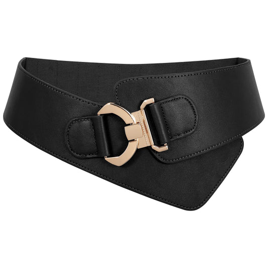 JASGOOD Women's Fashion Vintage Wide Elastic Stretch Waist Belt with Gold Interlock Buckle Halloween Belt (Matte Black,Suit Waist 36-42 Inch)