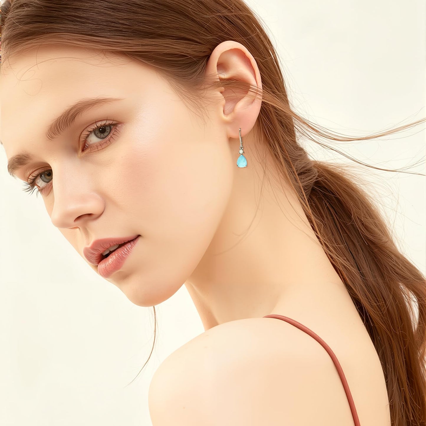 14K White Gold Filled Sterling Silver 7x9mm Teardrop Larimar Gemstone Dangle Earrings for Women