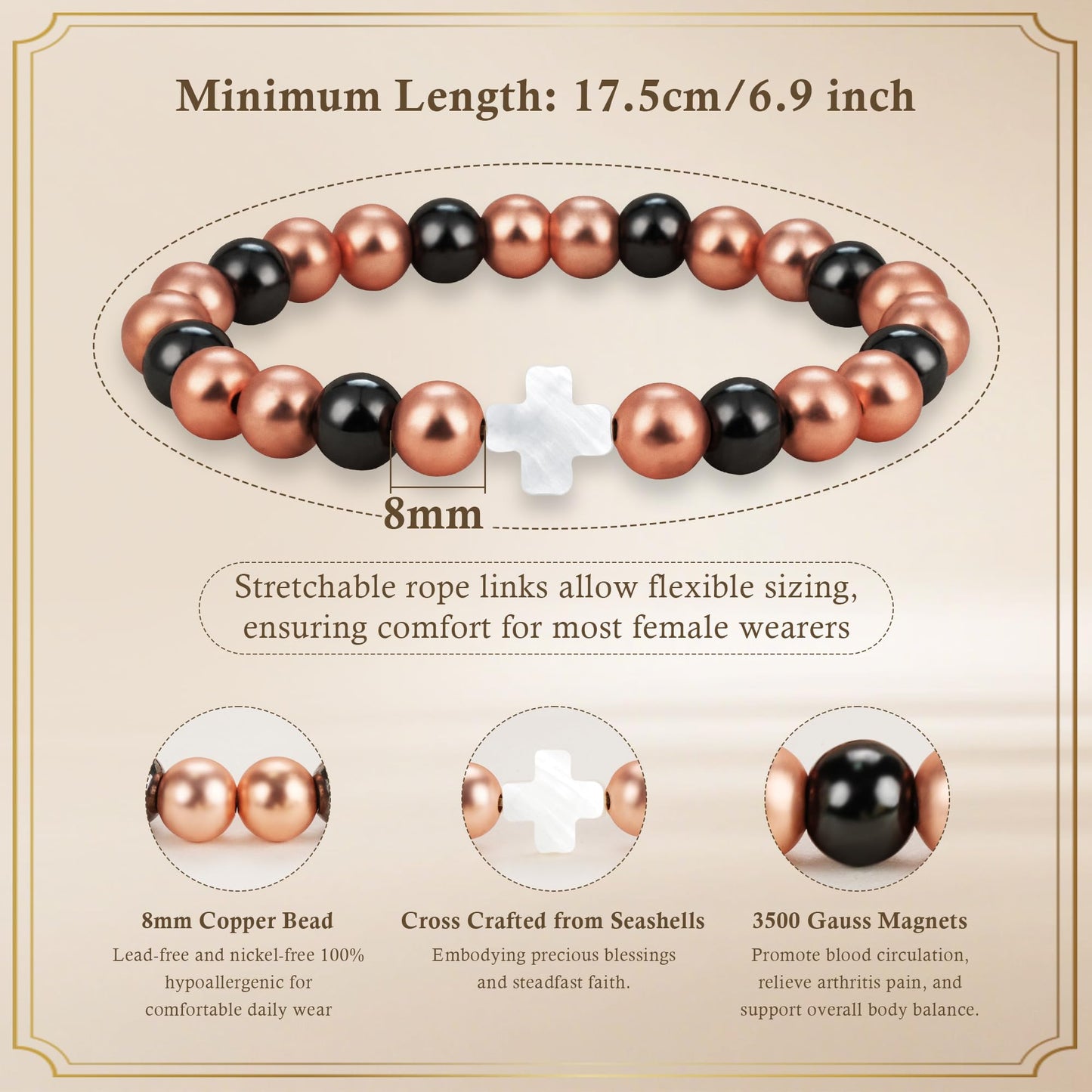 PEALICIOUS Copper Bracelet for Women and Men, 8MM Cross Copper Magnetic Bracelets with 3500 Gauss Magnetic Bead as Christian Jewelry for Mom, Cooper Hematite Jewelry as Mother Day Gift for Parents