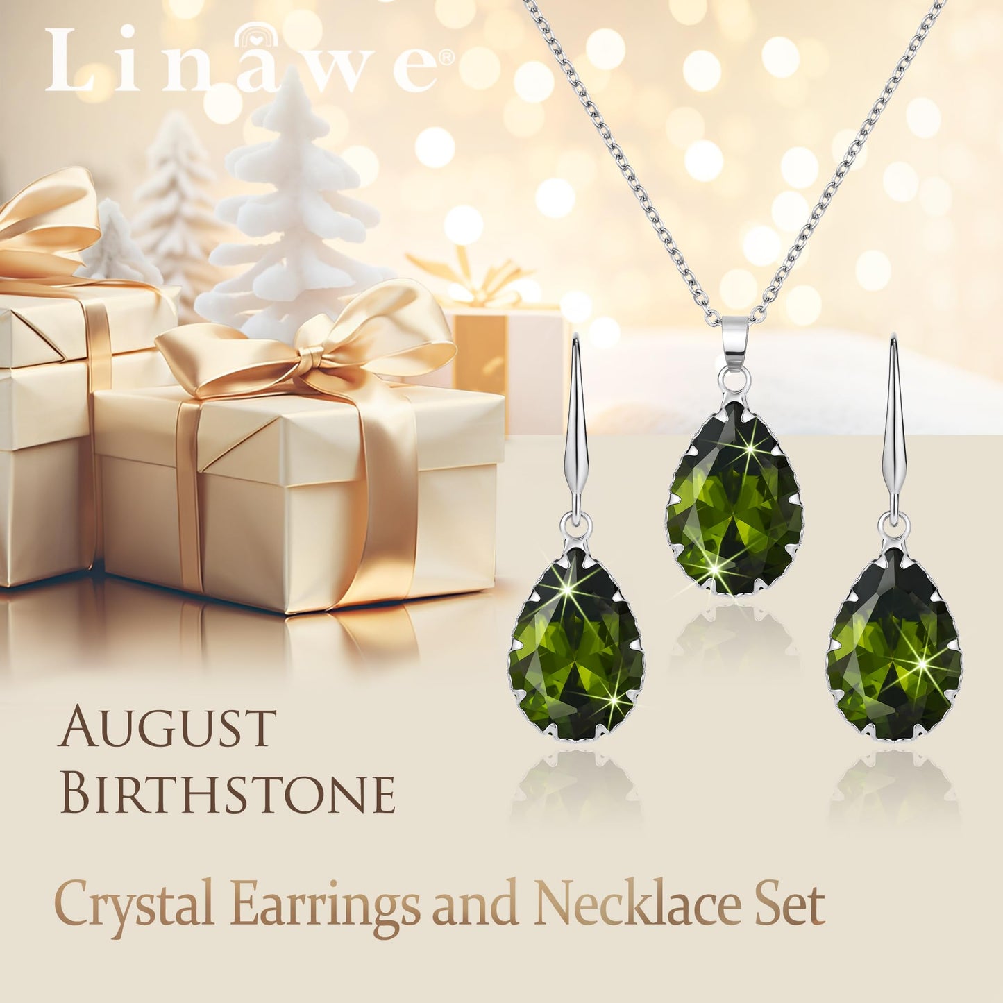 Linawe Peridot Green Crystal Silver Jewelry Sets for Women, Imitation Diamond Cubic Zirconia Pendant Necklace and Birthstone Drop Earrings, Rhinestone Costume Jewelry for Women Sets