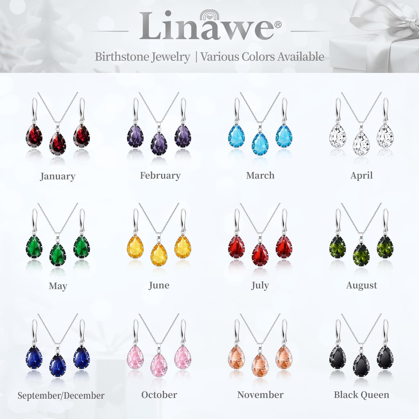 Linawe Sapphire Crystal Royal Blue Jewelry Sets Women, Silver Dangle Earrings, Imitation Diamond Pendant Necklace, Rhinestone Matching Necklace, Teardrop Cubic Zirconia Birthstone