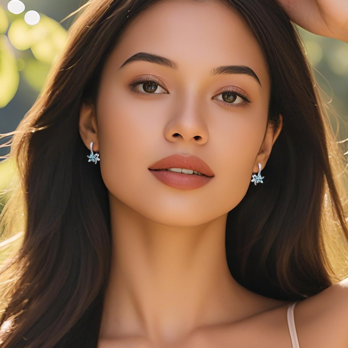 Watforsh 925 Sterling Silver Flower Earrings for Women Dangling Leverback Earrings with Aquamarine and White Crystal Double Floral