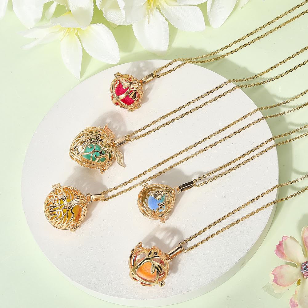 SUNNYCLUE 1 Box 5Pcs Aromatherapy Necklaces Diffuser Necklace with 20Pcs Pom Pom Ball Tree of Life Angel Essential Oil Diffuser Jewelry 304 Stainless Steel Hollow Bead Cage Pendants for Women Gifts