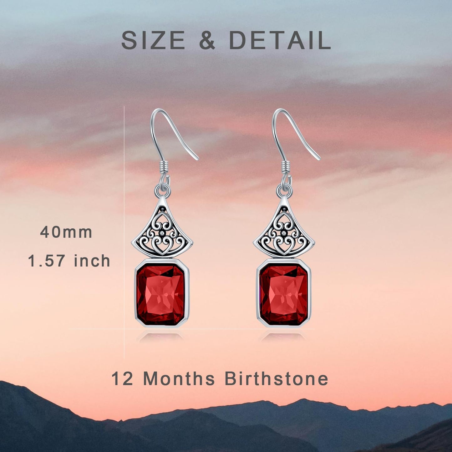 Vintage Earrings 925 Sterling Silver Oxidized Dangle Drop Earrings with Emerald Cut Red Garnet January Birthstone Anniversary Jewelry Gifts for Women