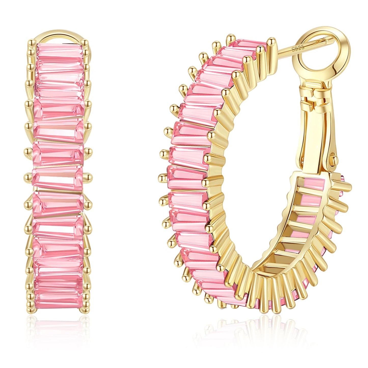 GLOQUAT Baby Pink CZ Hoop Earrings 14K Gold Plated Light Pink Hoops for Women 925 Sterling Silver Post Vintage Baguette Cubic Zirconia Earrings Trendy Gold Pink Round Circle Hoops Jewelry 25mm