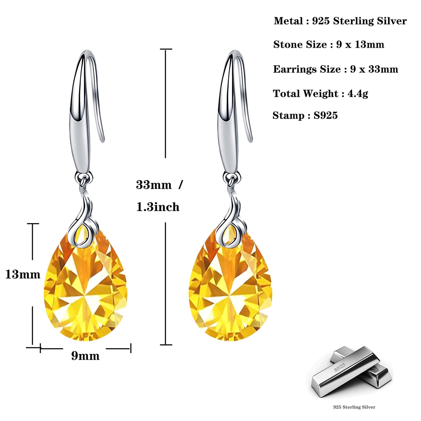 Maylover 14k White Gold Plated 925 Sterling Silver 12mm Pear Shape Naked Drill Crystal Dangle Earrings For Women (Earrings Gold color)