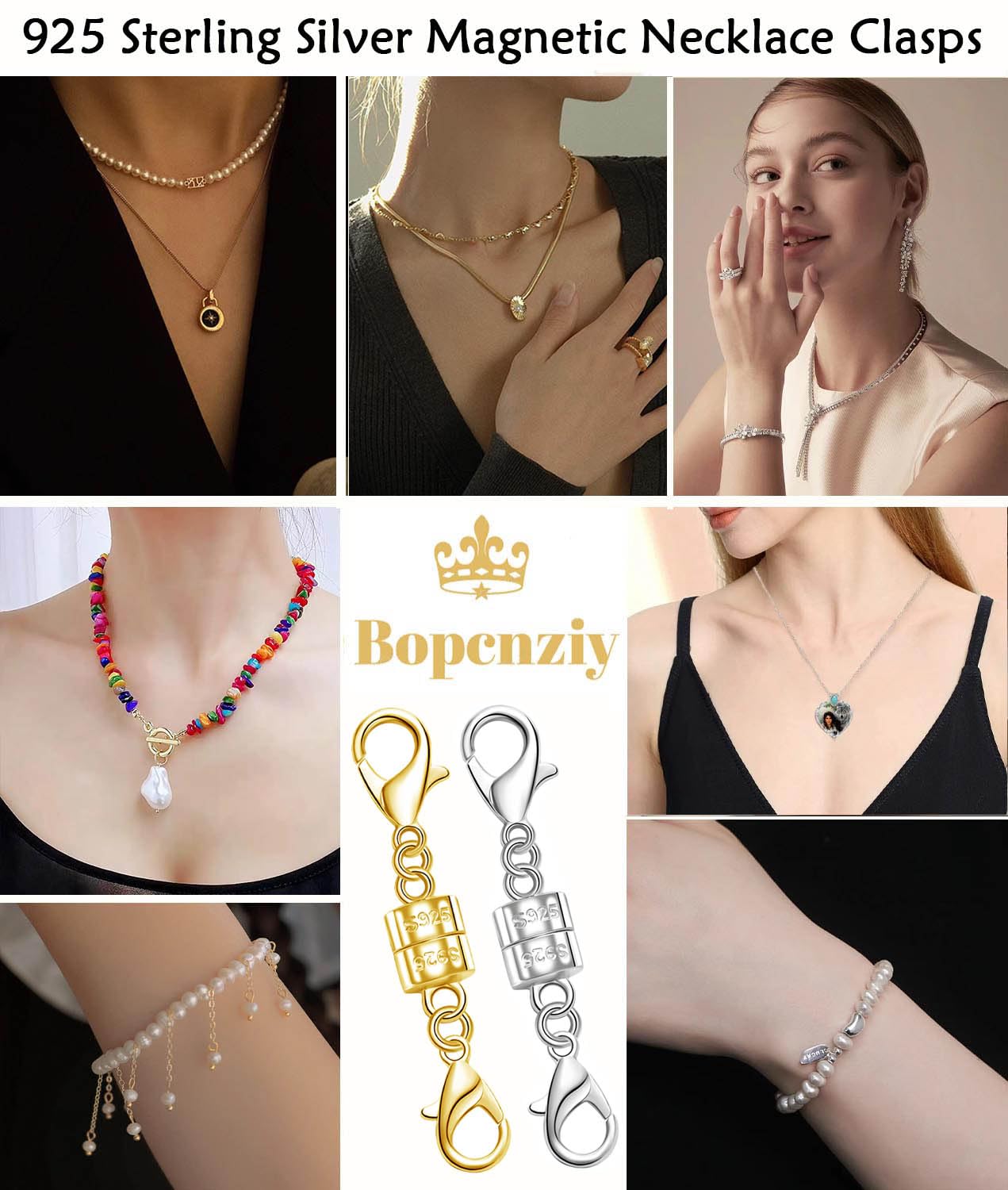 925 Silver Double Lobster Magnetic Necklace Clasps,Magnetic Jewelry Clasps for Necklaces Extender Bracelet Clasps and Closures (3golden)