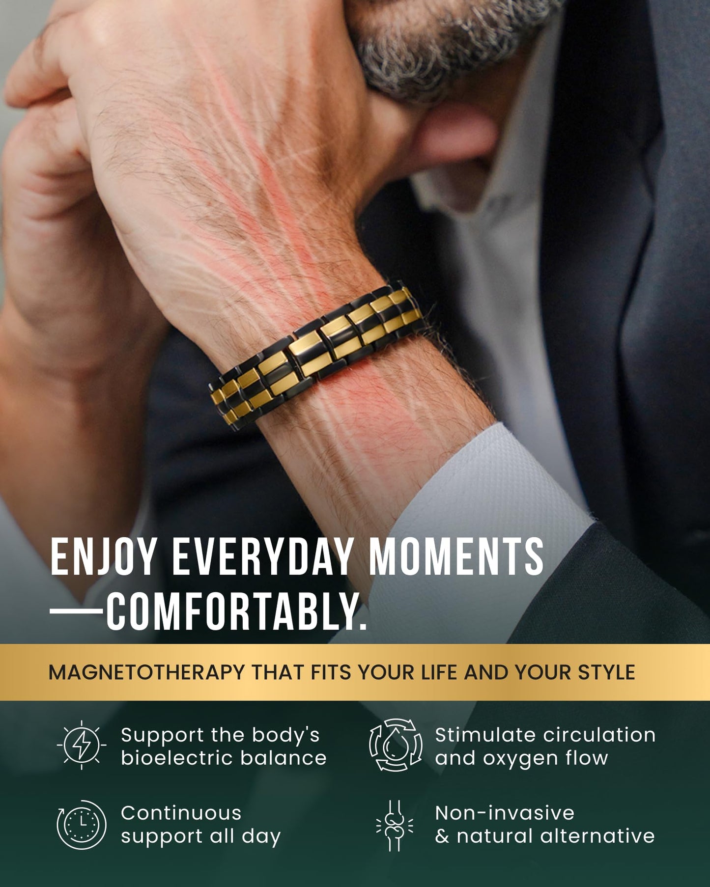 MagnetRX® Magnetic Bracelets for Men - EllipseMAX 5X Strength 5,000 Gauss Magnets - Designed in USA & Patent Pending - Premium Titanium Mens Magnetic Bracelet & Adjustable Length (Black/Gold)