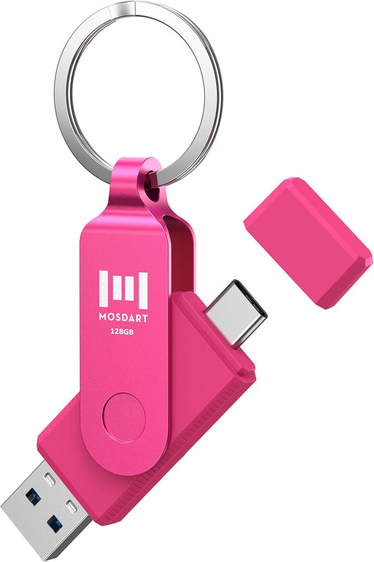 mosDART 128GB 3.2 15,16,17, USB Fast Speed C and A Dual Flash Drive, exFAT Memory Stick with Keychain and LED