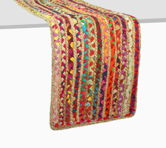 COTTON CRAFT Jute Chindi Table Runner - Braided Handwoven Reversible Tablerunner - Summer Fall Harvest Holiday Festive Party Boho Rustic Farmhouse Dining Kitchen Tabletop - 13 x 72 inch - Multicolor