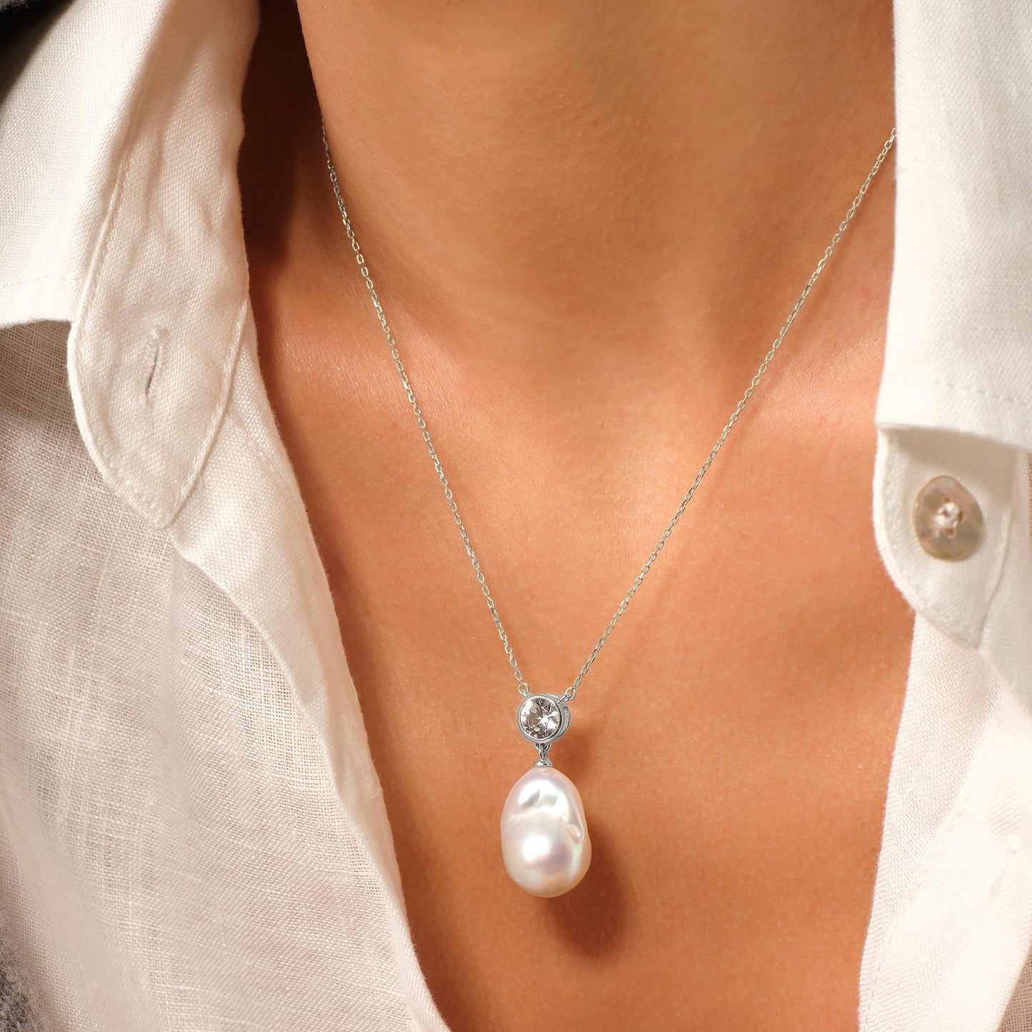 Baroque Pearl Pendant Necklace for Women, 925 Sterling Silver Plated with White Gold Natural Irregular Freshwater Pearl, Anniversary Birthday Gift for Her