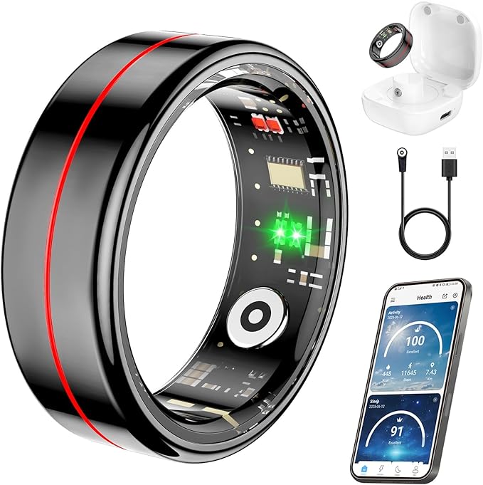 Fit Ring, Smart Health Rings for Women Men with Heart Rate,Blood Oxygen,HRV,Stress Level, Sleep Monitor, Step Tracker, No Subscription Fee, IP68 Waterproof Smart Ring for iphone &Android (Black, 7#)