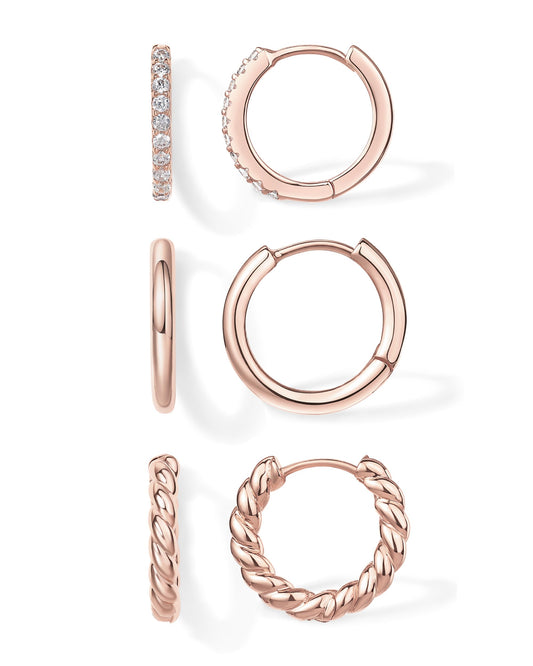 PAVOI 18K Rose Gold Plated 925 Sterling Silver Posts 3 Pairs Small Hoop Earrings for Women - Cubic Zirconia Plain Rope Huggie Pack - Lightweight Set