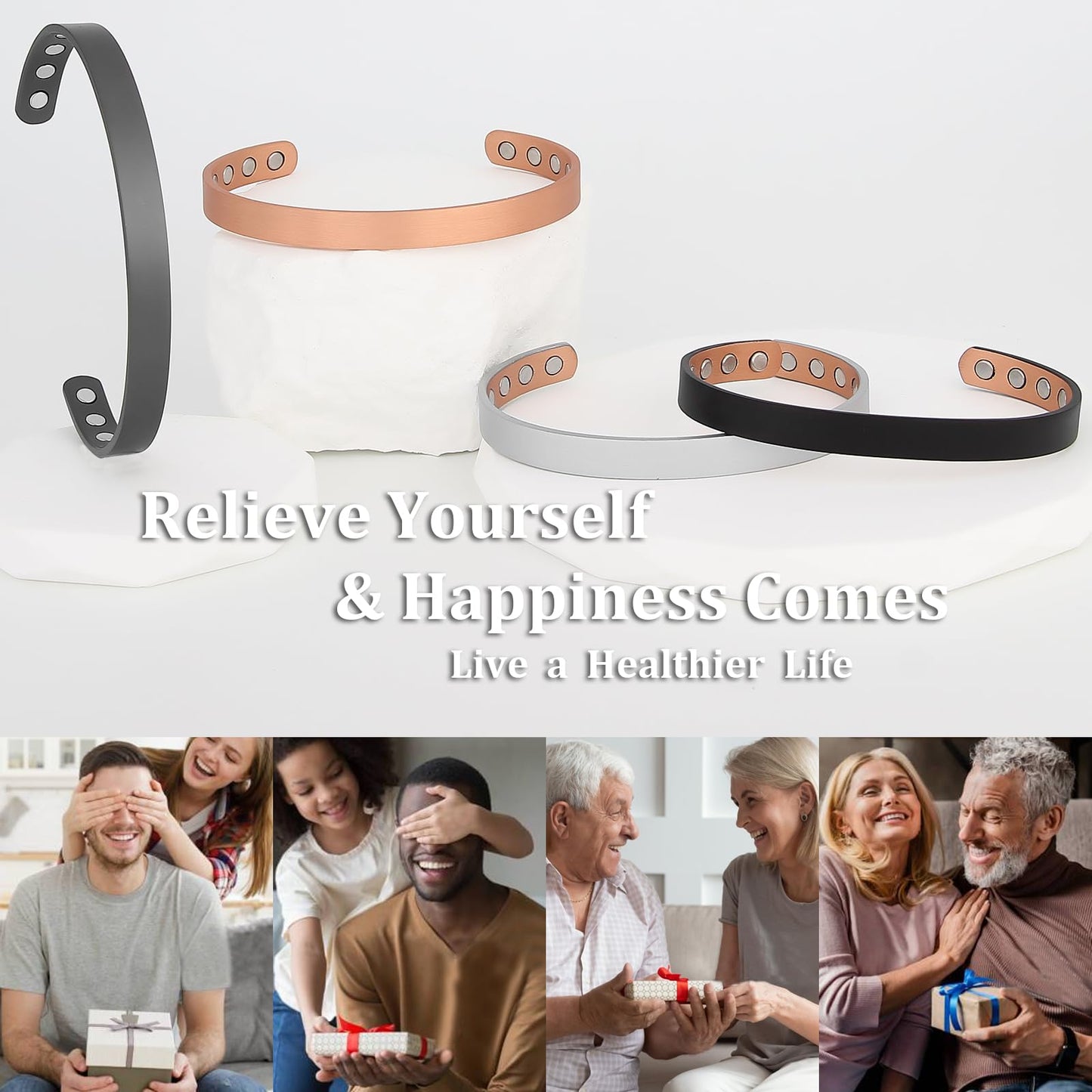 MagEnergy Copper Bracelet for Men and Women, 99.9% Pure Copper Magnetic Bangle with 8pcs 3500 Gauss Magnets,6.3" Adjustable Jewelry