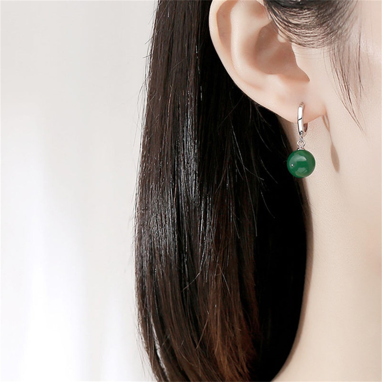 QLYOVWE Handmade Jade Earrings Basic Gemstone Round 12MM Bead Ball Drop Dangle Earrings Rose Quartz Stone Natural Agate Bead Jade Drop Earrings for Women (Green)
