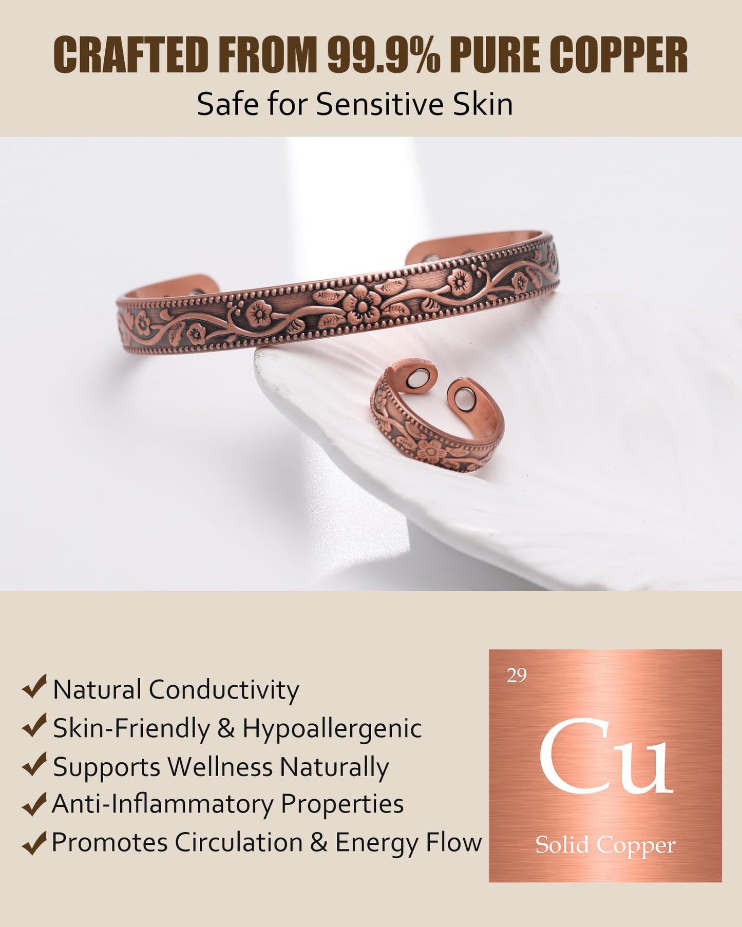 Jecanori Magnetic Copper Bracelet & Ring for Women, 3500 Gauss Lymph Detox, 99.99% Pure Copper Jewelry Gift
