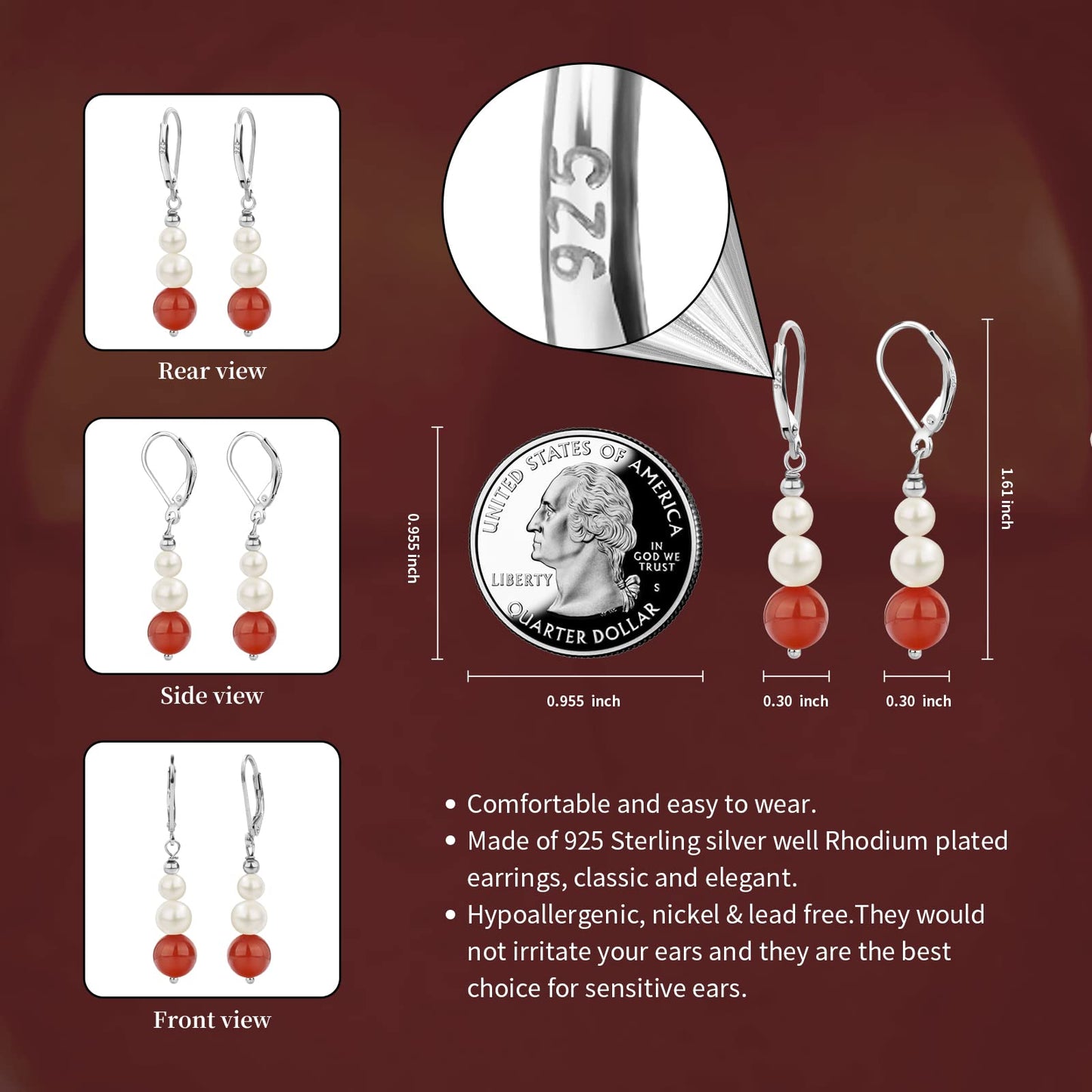 Sterling Silver Freshwater Cultured Pearl Drop Earrings Size 4-8mm Dangle Leverback Earring for Women (Rhodium Plated Carnelian)
