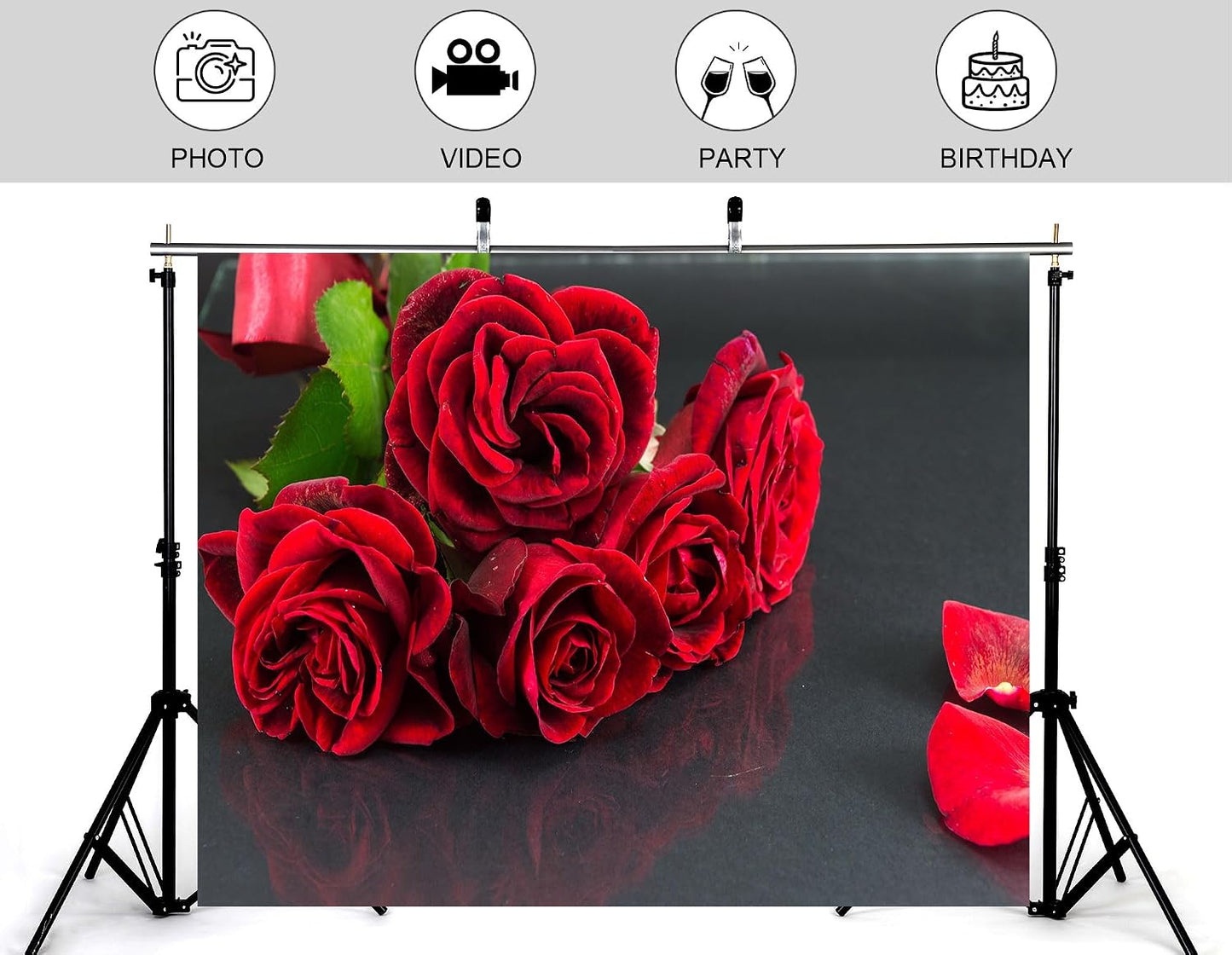 KeyWork 8x5ft Red Rose Bouquet Backdrop Fresh Bloom Petal Photography Background for Valentine's Day Gift Party