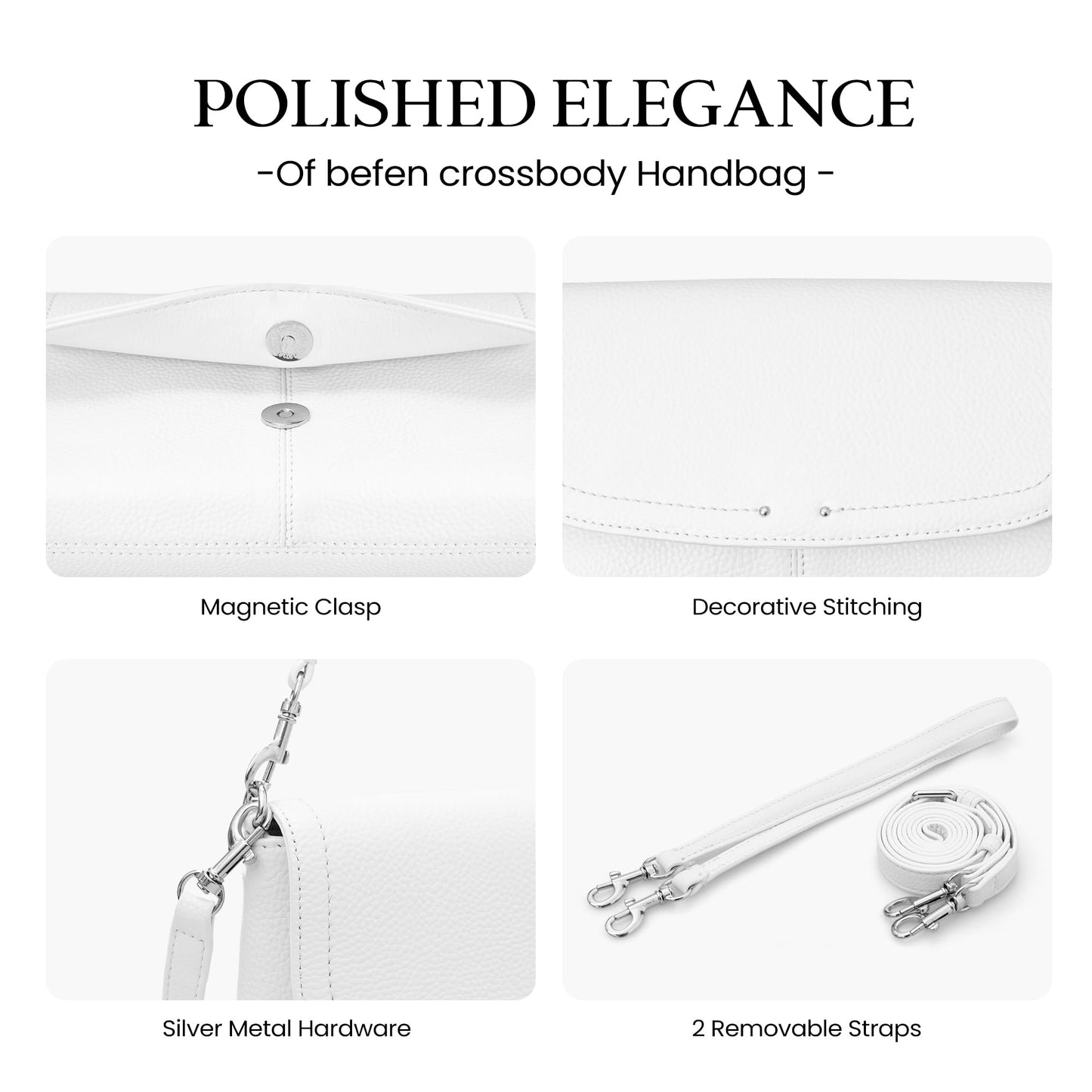 befen Genuine Leather Small Crossbody Bags for Women,Real Leather Purses with Built in RFID Wallet,Trendy Cell Phone Purse Shoulder Bag,White Travel Purse Handbags with Card Slots and Adjustable Strap
