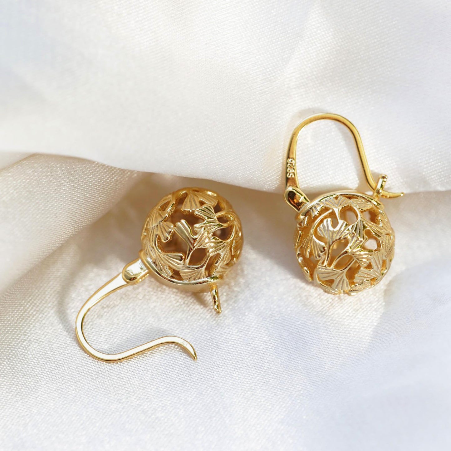 OwMell Elegant 925 Sterling Silver Pearl Drop Earrings Dangle Stud Gold Plated Earrings for Women Large Size 12mm - Hollowed Ginkgo Gold