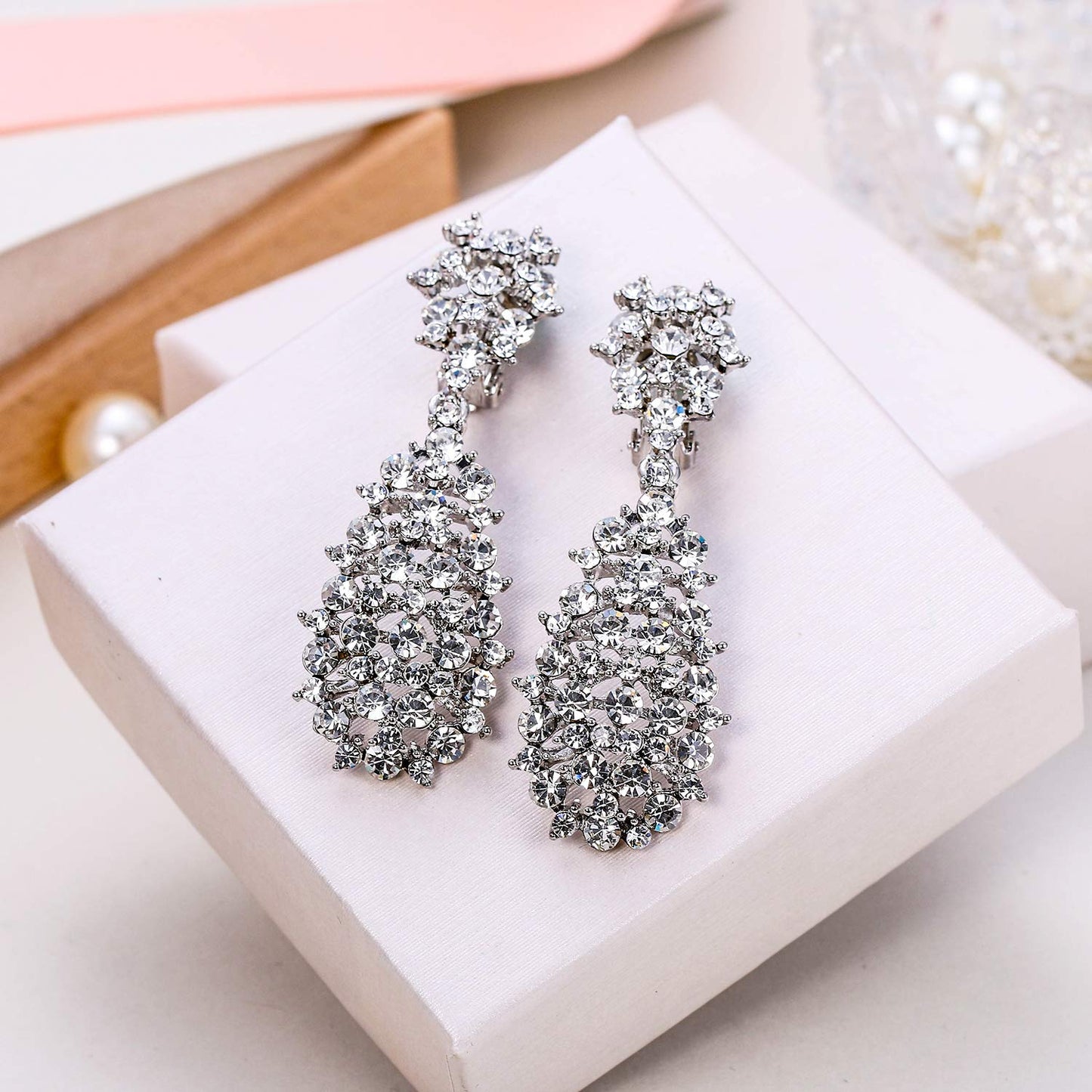EVER FAITH Women's Jewelry Clear Crystal Floral Behimia Hollow Teardrop Dangle Clip-on Earrings Silver-Tone
