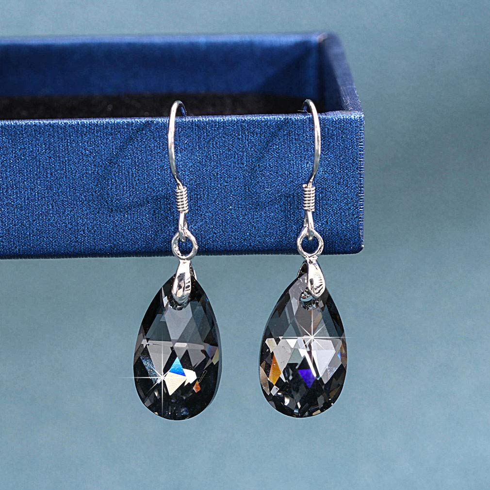 Austrian Crystal Teardrop Dangle Earrings for Women Drop Hook Earring 925 Sterling Silver Hypoallergenic Jewelry (Grey-Black)