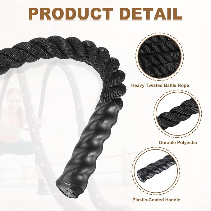 MECCANIXITY Battle Rope 50ft x 2 Inch Polyester Workout Rope Heavy Fitness Exercise Rope for Strength Training Home Gym Muscle Building, Black
