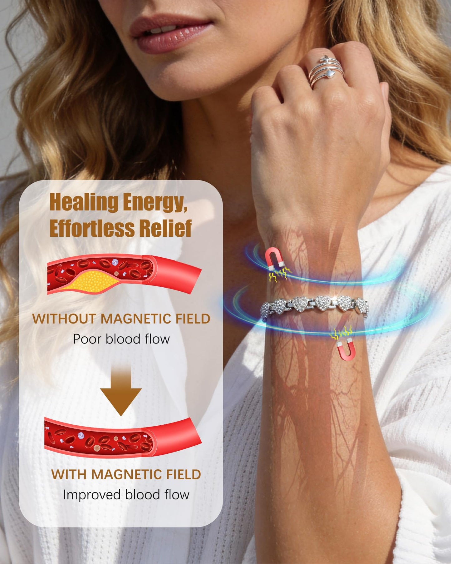 Jeracol Copper Bracelet & Ring for Women, Ultra Strength Magnetic Bracelet with 3800 Gauss Neodymium Magnets, Heart & Crystal Diamonds, Adjustable Tools and Jewelry Gift Box(Silver)