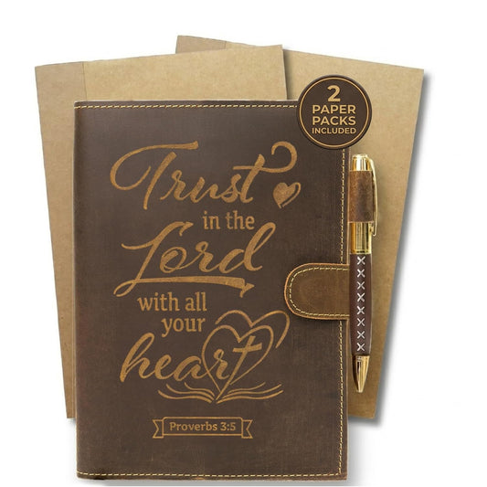 Sovereign-Gear Religious Refillable Leather Journal - Handmade A5 Writing Notebook with Pen - “Trust in the Lord” Proverbs 3:5 Embossed Diary with 2 Lined Inserts & Pen Holder - 480 Pages
