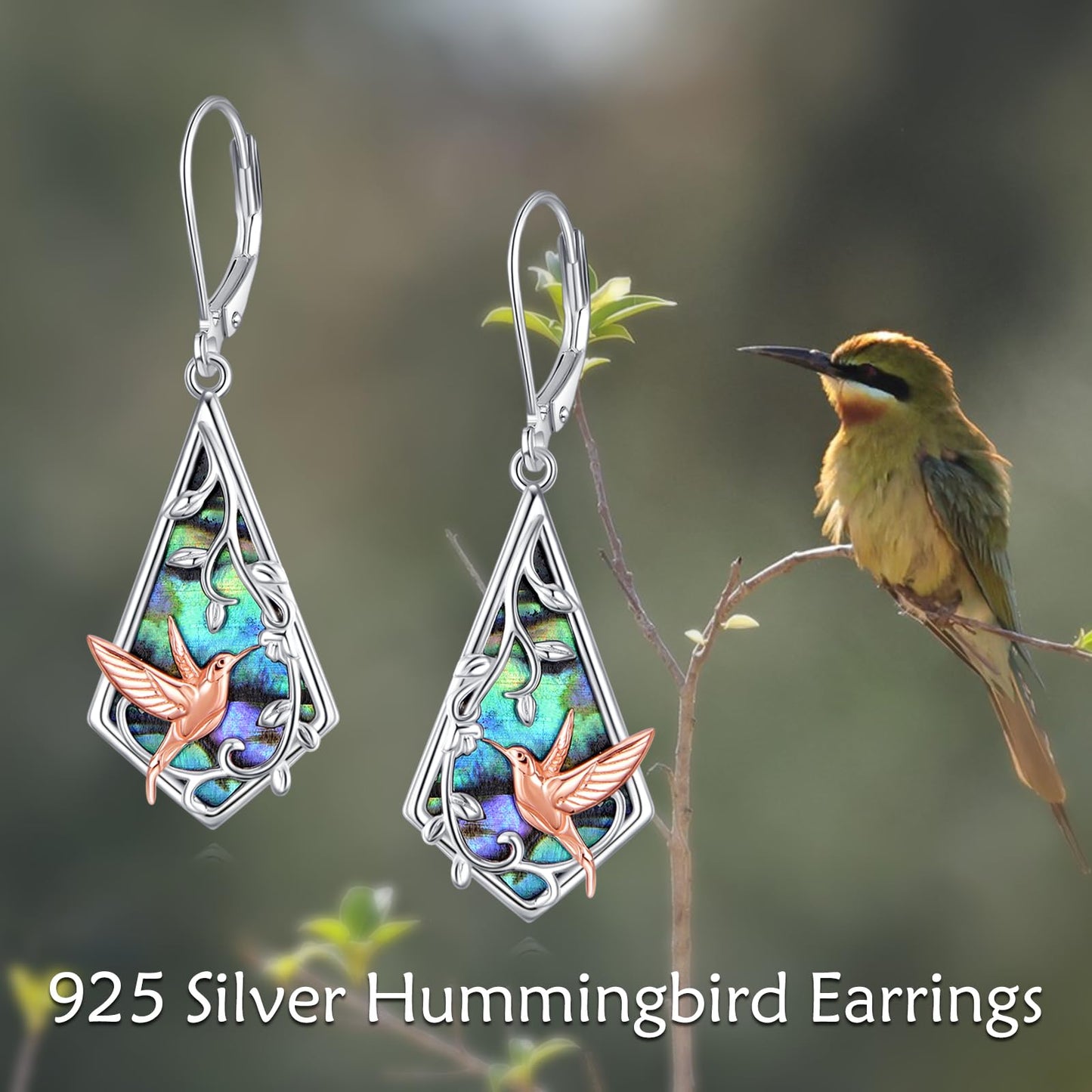 Hummingbird Earrings Sterling Silver Hummingbird Leverback Earrings Leaf Dangle Earrings Drop Jewelry Birthday Gifts for Women