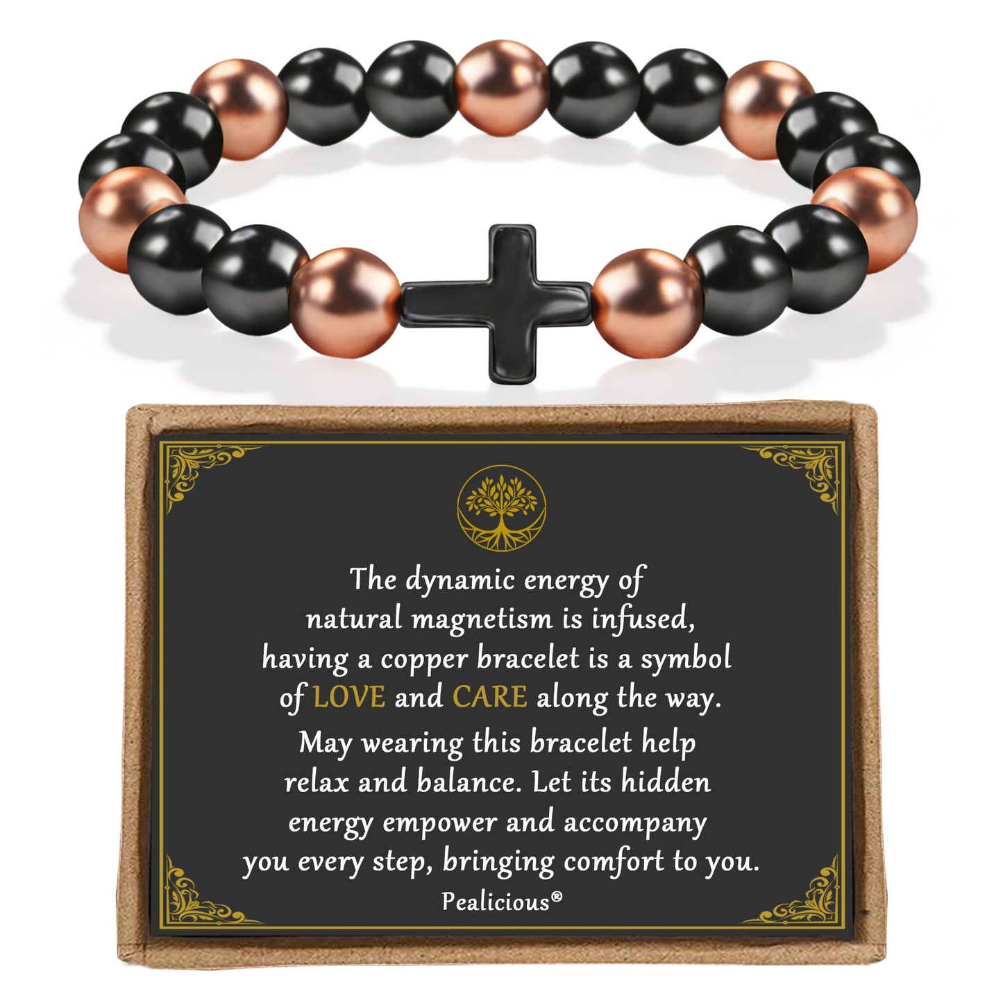 PEALICIOUS Copper Bracelet for Women and Men, 10MM Cross Copper Magnetic Bracelets with 3500 Gauss Magnetic Bead as Christian Jewelry for Dad, Cooper Hematite Jewelry Pulsera de Cobre Para Hombres