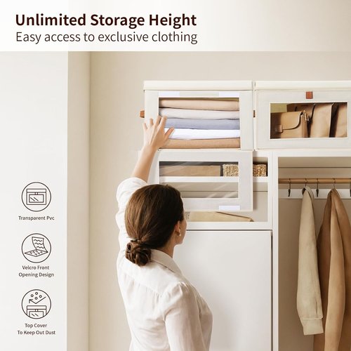 Homsorout Large Closet Storage Bins - Collapsible Clothing Organizers with Handles & Lids | 6 Pack, Beige